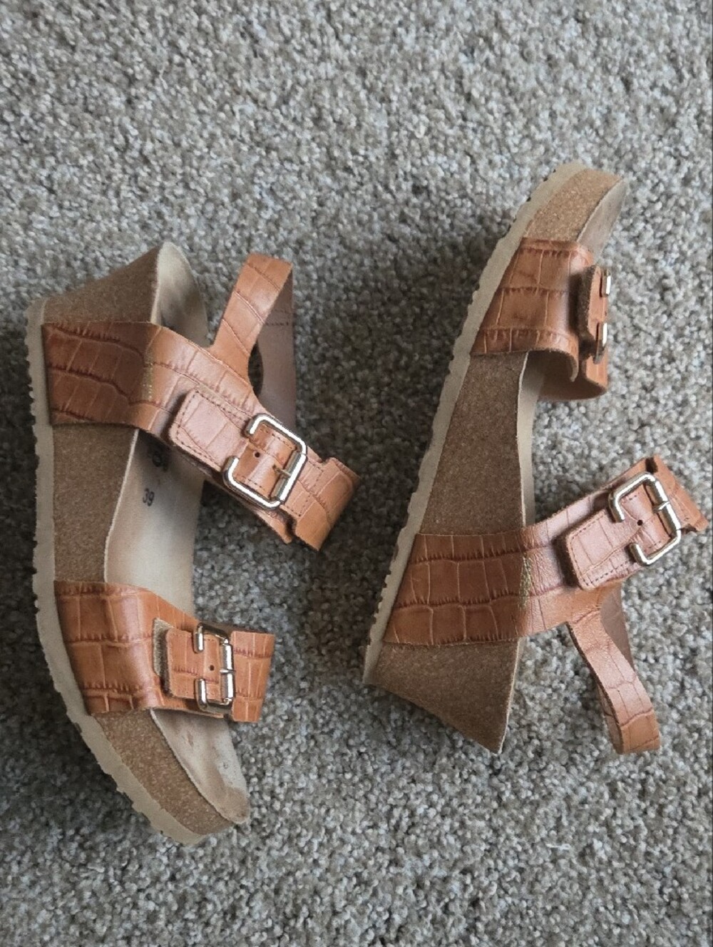Mephisto Tan Croc-Embossed Leather Buckle Platform Sandals